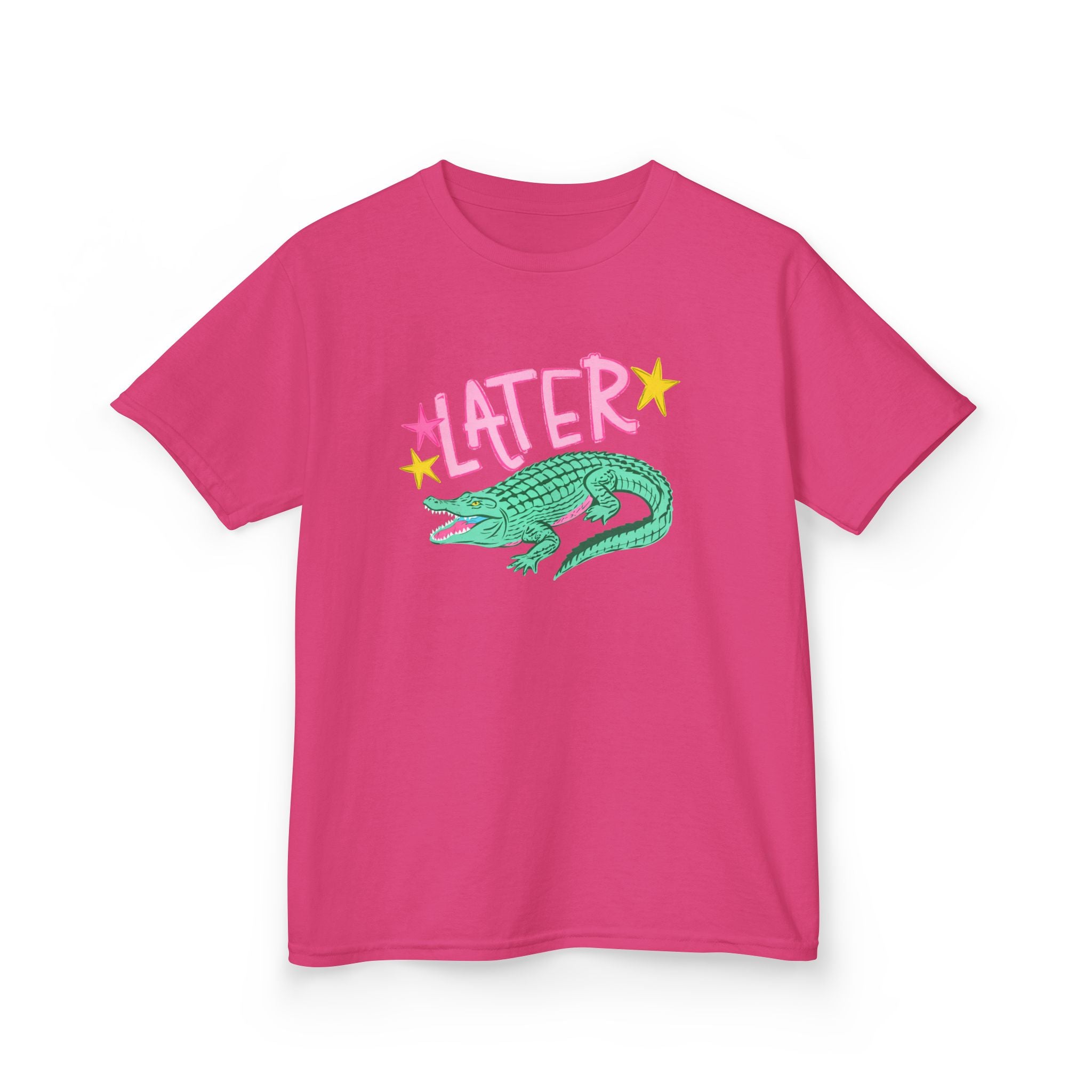 Later Crocodile Kids Tee | Cute Green Alligator, Pink Lettering