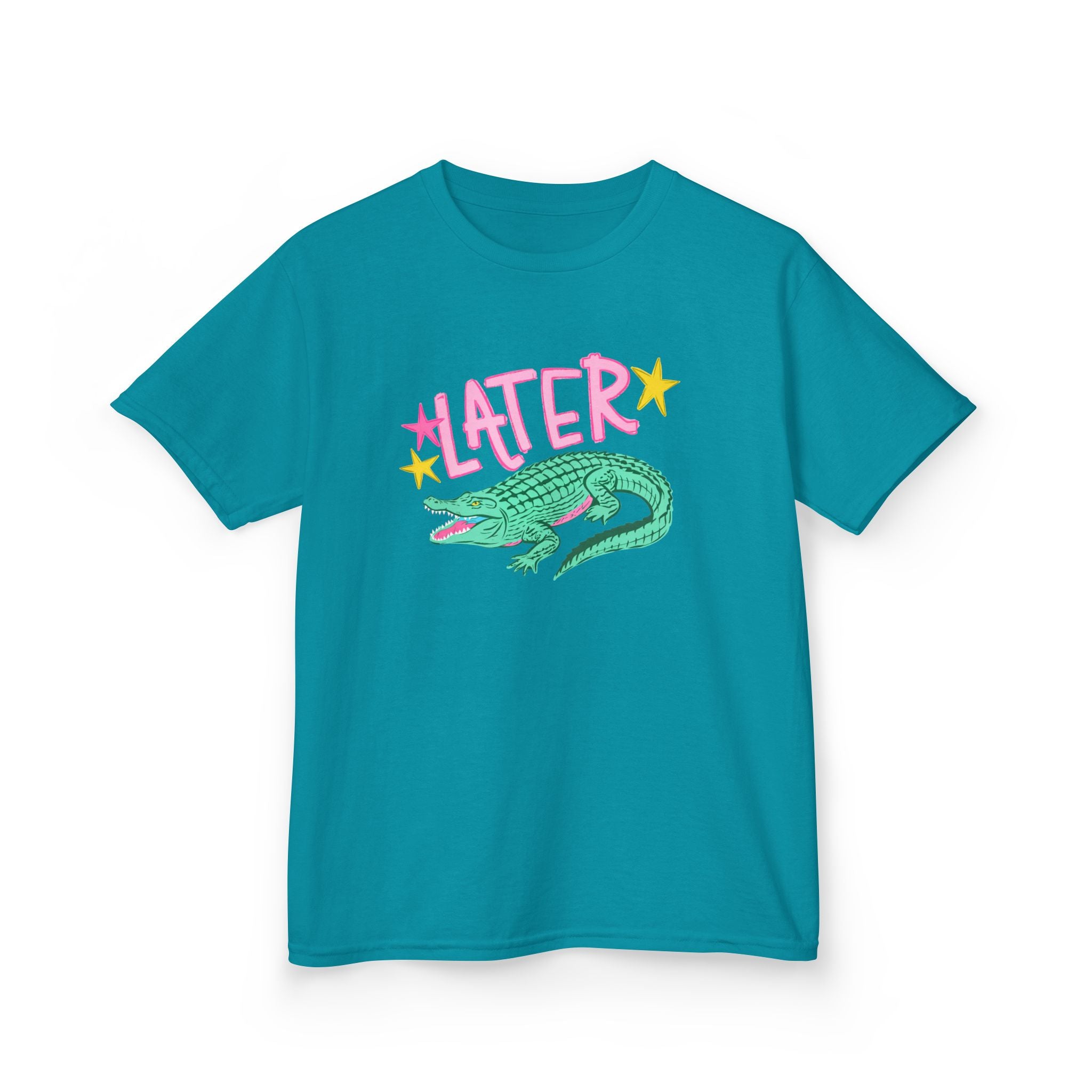 Later Crocodile Kids Tee | Cute Green Alligator, Pink Lettering