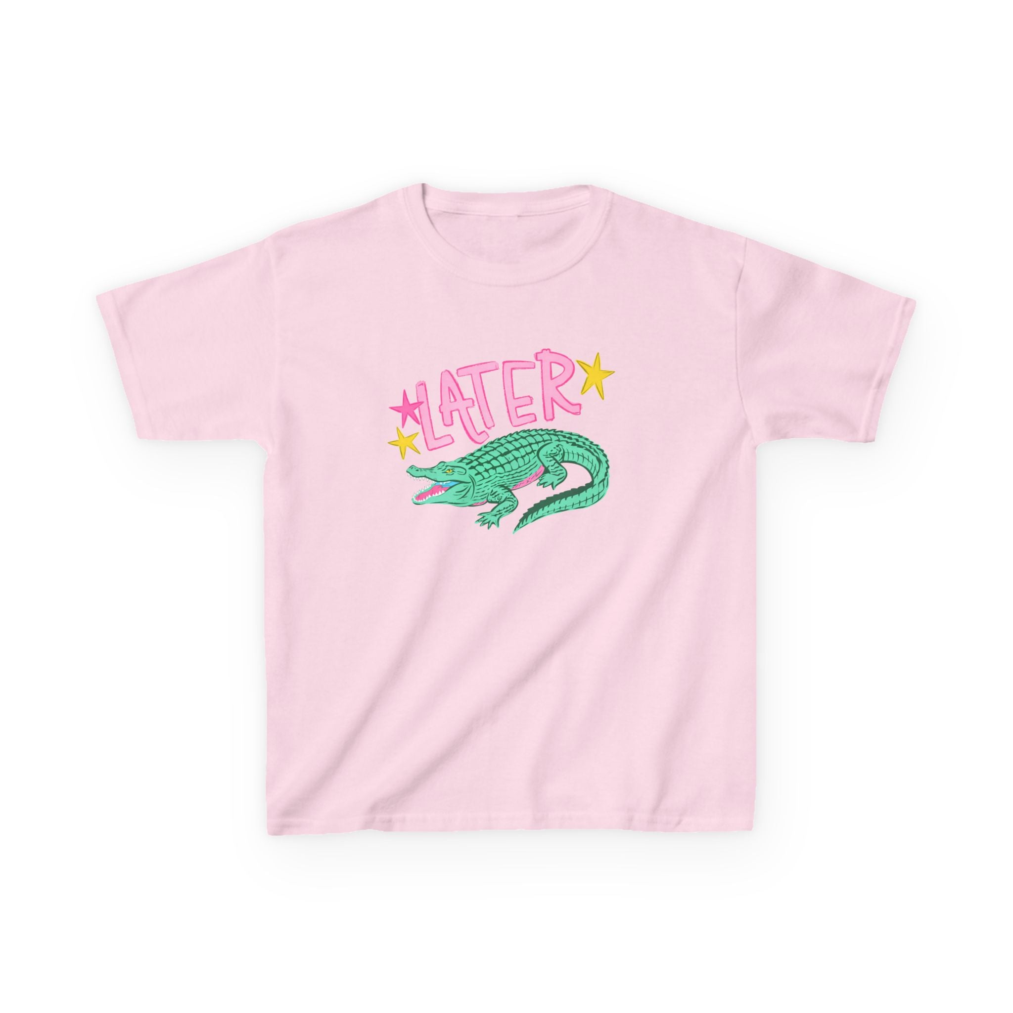 Later Crocodile Kids Tee | Cute Green Alligator, Pink Lettering